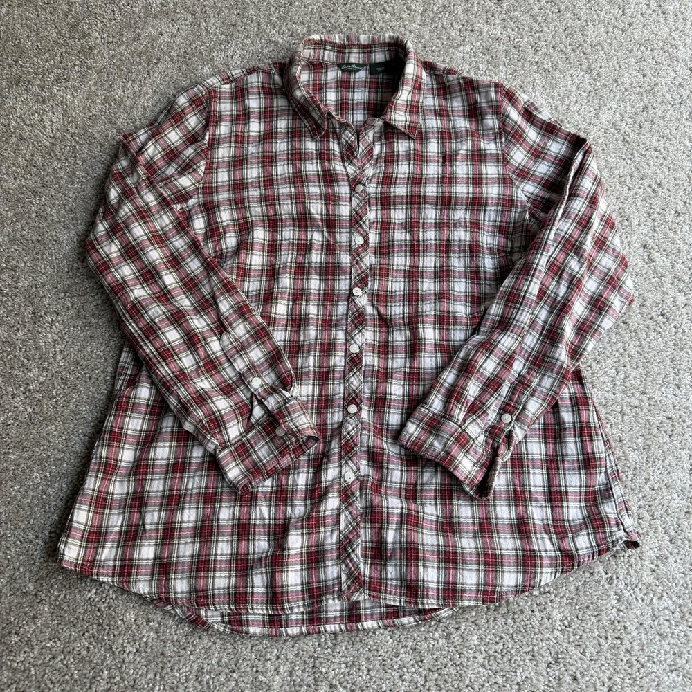 Eddie Bauer Shirt Womens Large Red Plaid Long Sleeve Button Up Casual Fall